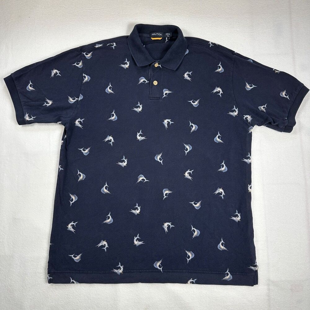 Nautica Mens XL Navy Blue Marlin Sailfish All-Over Print Short Sleeve Polo Shirt